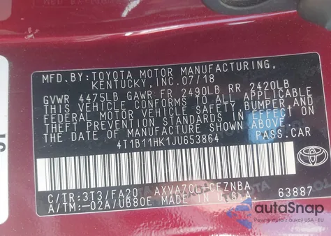 2018 Toyota Camry Le from USA, damaged, VIN 4T1B11HK1JU653864